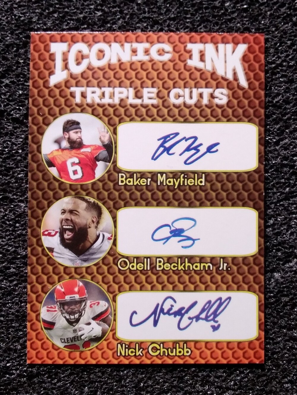 Baker Mayfield, Odell Beckham Jr, Nick Chubb Iconic Ink Triple Cuts Football RC